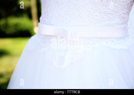 Bride in beautiful wedding dress, close up Stock Photo