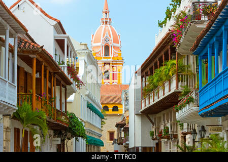 Tower of Metropolitan Cathedral and colonial houses in the old town, Cartagena, UNESCO World Heritage site, Bolivar Department, Colombia Stock Photo