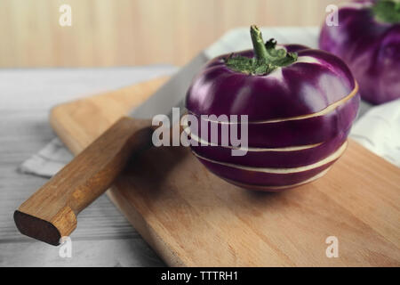 Sliced eggplant on cutting board, closeup Stock Photo