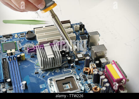 Premium Photo  Computer motherboard repair. soldering iron and