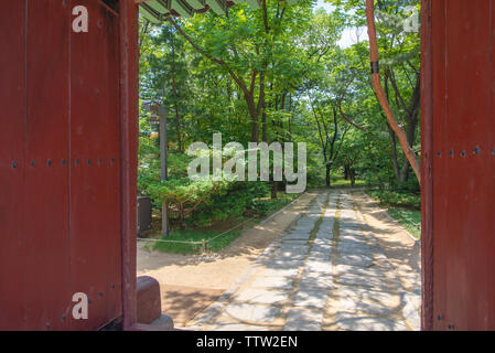 A gate, painted in red, opens to a sacred path, Jongmyo Confucian Royal Shrine, Seoul, South Korea Stock Photo