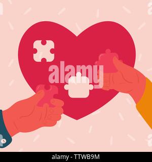 Heart shaped puzzle with man and woman hands Stock Vector