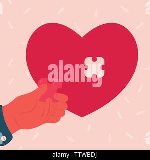 Heart shaped puzzle. Man hand inserts piece Stock Vector