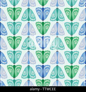 Seamless geometric pattern background of green and blue moths in rows . A nature vector background of insects. Stock Vector