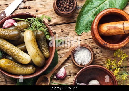 Marinated pickled cucumbers.Pickled cucumbers with herbs and spices.Ingredients for cooking pickled cucumbers Stock Photo