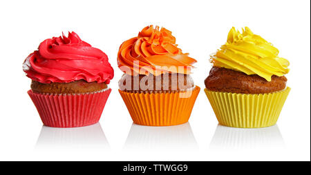 Fresh tasty cupcakes isolated on white Stock Photo