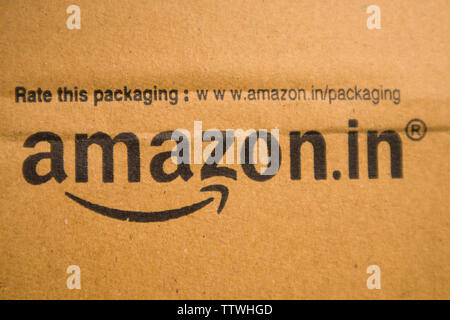 BANGALORE INDIA June 13, 2019 : Amazon in printed on cardboard in India Stock Photo