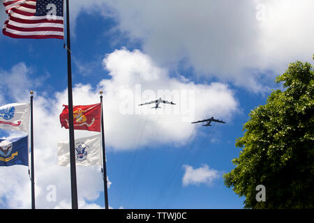 Two Boeing B-52 Stratofortress' conduct a flyover during the 75th Anniversary of the Battle of Saipan Wreath Laying Ceremony, June 15, 2019 at the American Memorial Park in Saipan. The anniversary was an opportunity to reflect on the service and sacrifice of the millions of brave service members who fought in the Pacific theater. Saipan was a battle of the Pacific campaign of World War II, fought on the island of Saipan in the Mariana Islands from June 15 to July 9, 1944. (U.S. Marine Corps photo by Lance Cpl. Madeline Jones) Stock Photo