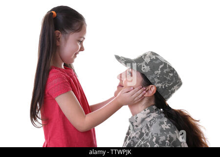 Mother in army uniform with daughter isolated on white Stock Photo