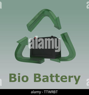 3D illustration of Bio Battery title with a battery in a recycling symbol as a background Stock Photo