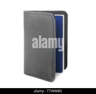 Opened black leather cover with passport isolated on white Stock Photo