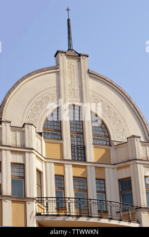 HELSINKI, FINLAND - 7 APRIL 2019: Art nouveau architecture in Kaartinkaupunki, Helsinki, a 1907 residential building with shops on the ground floor Stock Photo