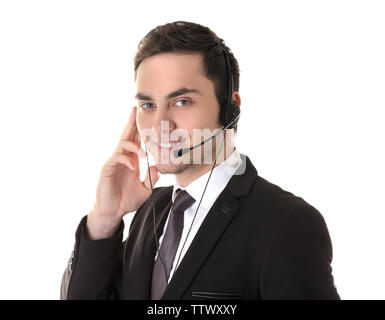 Call center operator on white background Stock Photo