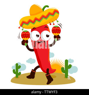 Illustration of a happy mariachi chili pepper playing music with maracas and dancing in the Mexican desert. Stock Photo