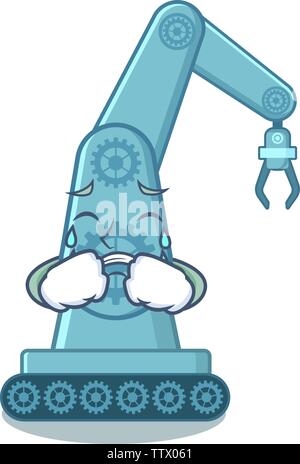 Crying mechatronic robot arm above cartoon table Stock Vector