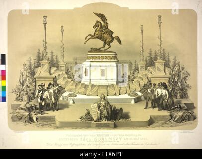 symbol-graphic historical tableau to the solemn uncovering of the Archduke Carl monument on 22. May 1860, equestrian monument on the Heldenplatz (square) in Vienna for Karl, Archduke of Austria, by Anton Dominic von Fernkorn. toned lithograph by Vinzenz Katzler based on a draft by Ferdinand Tewele, Additional-Rights-Clearance-Info-Not-Available Stock Photo