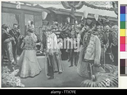 reception of the Romanian royal couple at station in Budapest, arrival of the guest at Budapest East Station, 28.9.1897 photoengraving based on painting by Artur Lajos Halmi. (original compare Pk 352, 201), precise figure code available from briefcase: 'Kaiserbilder', literary institute cosmos, Vienna-Leipzig-Budapest (briefcase with 28 heliogravures based on paintings), Additional-Rights-Clearance-Info-Not-Available Stock Photo