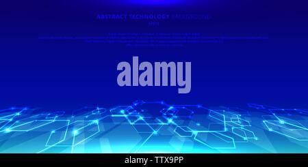 Abstract technology hexagons genetic and social network pattern perspective on blue background. Future geometric template elements hexagon with glow n Stock Vector