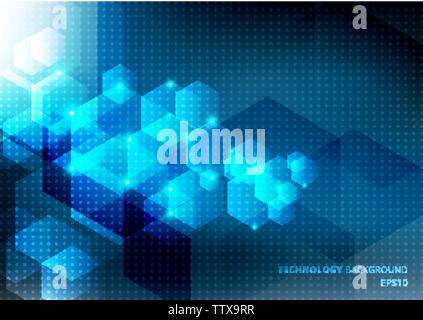 Abstract science and technology concept from blue hexagons elements glow on dark blue background with dots pattern texture. Geometric tech digital med Stock Vector