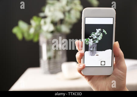 Woman taking photo of green eucalyptus branches in vase Stock Photo