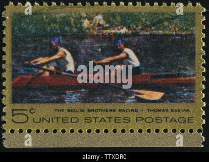 UNITED STATES - CIRCA 1967: stamp printed by United states, shows  Biglin Brothers Racing” (Sculling on Schuylkill River Philadelphia), circa 1967. Stock Photo