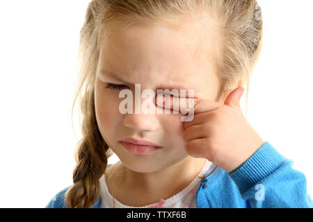 Portrait of crying little girl on white background Stock Photo