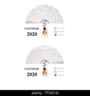 2020 Calendar Template with idea light bulb icon.Semicircle calendar.Calendar 2020 Set of 12 Months.Yearly calendar vector design stationery template. Stock Vector