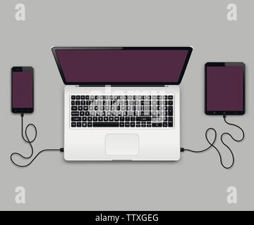 Mobile phone and tablet pc connected to laptop computer Stock Vector
