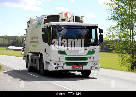 Humppila, Finland. 31 May, 2019. CNG/CBG gas fuelled Scania L340 B4X2NB refuse truck of Envor group driving on highway 2 in Finland on day of summer. Stock Photo