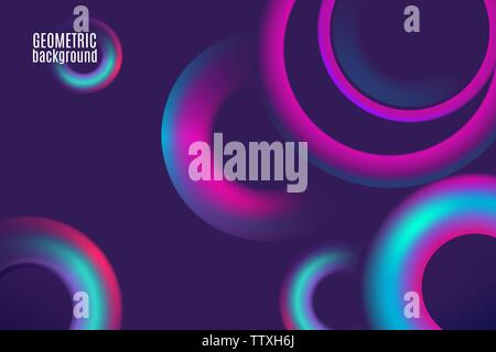 Holographic neon torus vector geometric background for banner or UI design. Vivid gradient mesh blue pink rings. EPS 10 Stock Vector