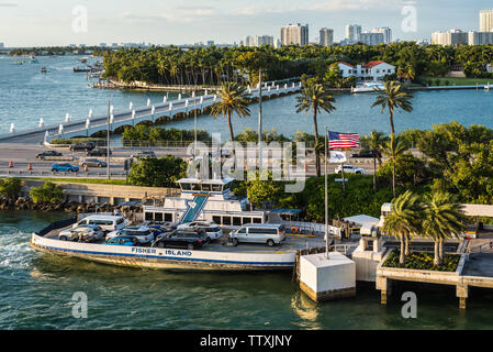 Miami, FL, United States - April 20, 2019:  View of MacArthur Causeway and the Fisher Island Ferry at Biscayne Bay in Miami, Florida, United States of Stock Photo