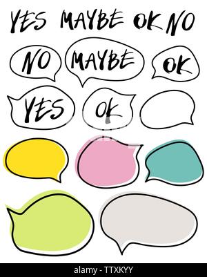 Hand written yes, no, maybe, ok signs in speech bubbles. Set of vector simbols isolated on white background. Stock Vector