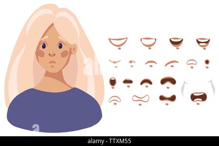 Head A young girl character constructor with different emotions and lip synchronization. Mouth set of female cartoon character in flat design, vector illustration isolated on white background. Stock Vector