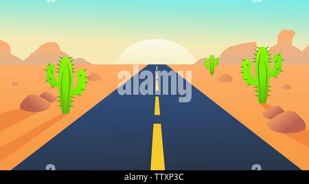 road with desert landscape, mountains and sunshine Stock Vector