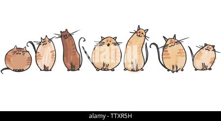 7 cute watercolor cats in 2 line on white background. Watercolor vector illustration Stock Vector
