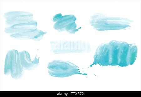Watercolor. Blue vector abstract painted ink strokes set on watercolor paper. Ink strokes. Flat kind brush stroke. Stock Vector