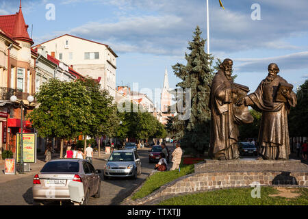 Mukacheve - Ukraine, JULY 26, 2009: Monument of Saints Cyril and Methodius in Mukacheve, Transcarpatia, Ukraine Stock Photo