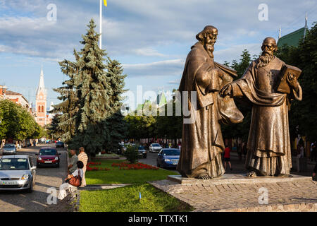 Mukacheve - Ukraine, JULY 26, 2009: Monument of Saints Cyril and Methodius in Mukacheve, Transcarpatia, Ukraine Stock Photo