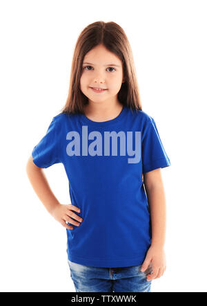 Little girl in blank blue t-shirt on white background Stock Photo
