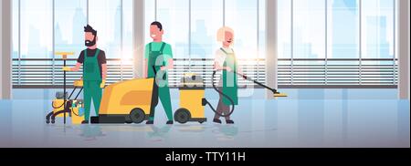 janitors team cleaning service concept cleaners in uniform working together with professional equipment modern hall interior panoramic windows Stock Vector