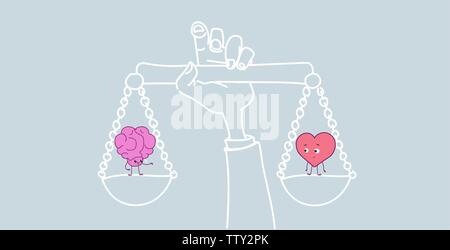 hand holding balance scale human brain and heart couple logic and feel concept pink cartoon characters kawaii style horizontal sketch hand drawn Stock Vector