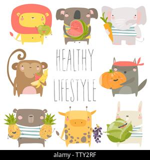 Cartoon animals holding fruits and vegetables on white background Stock Vector