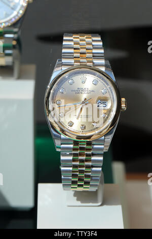 Monte-Carlo, Monaco - June 16 2019: Expensive Luxury Rolex Watches On Display In A Store Window At Monte-Carlo, Monaco. Close Up View / Macro Shot Stock Photo