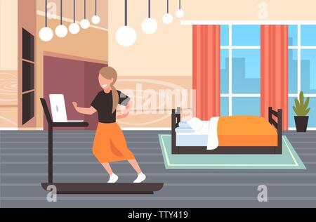 businesswoman using laptop running on treadmill woman freelancer workout hard working concept modern bedroom interior flat full length horizontal Stock Vector