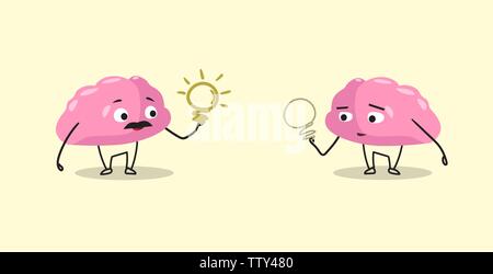 cute human brains couple pink cartoon characters holding light lamps creative idea concept kawaii style horizontal Stock Vector