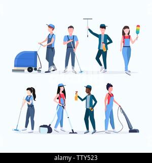 set janitors team cleaning service concept men women mix race cleaners in uniform working together with professional equipment flat full length Stock Vector