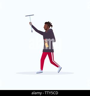 male cleaner holding shower wiper squeegee and spray plastic bottle african american casual man wiping glass cleaning service concept full length flat Stock Vector