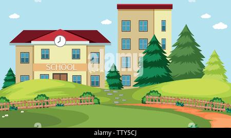School building nature scene illustration Stock Vector