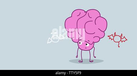 human brain listening to an angel and devil choosing between good and bad taking decision concept pink cartoon character kawaii style horizontal Stock Vector