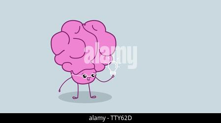 cute human brain holding light lamp creative idea creativity imagination concept pink cartoon character kawaii style horizontal Stock Vector